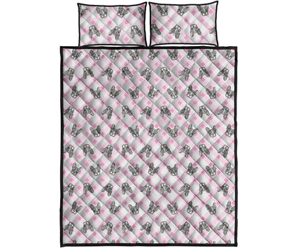 Pink Boston Terrier Plaid Print Quilt Bed Set