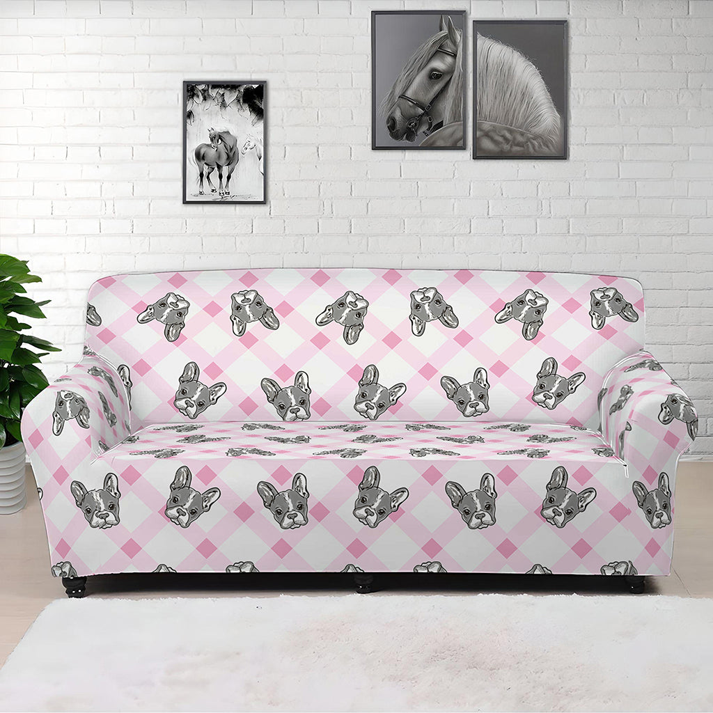 Pink Boston Terrier Plaid Print Sofa Cover