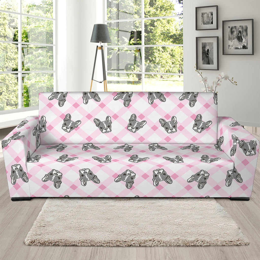 Pink Boston Terrier Plaid Print Sofa Slipcover