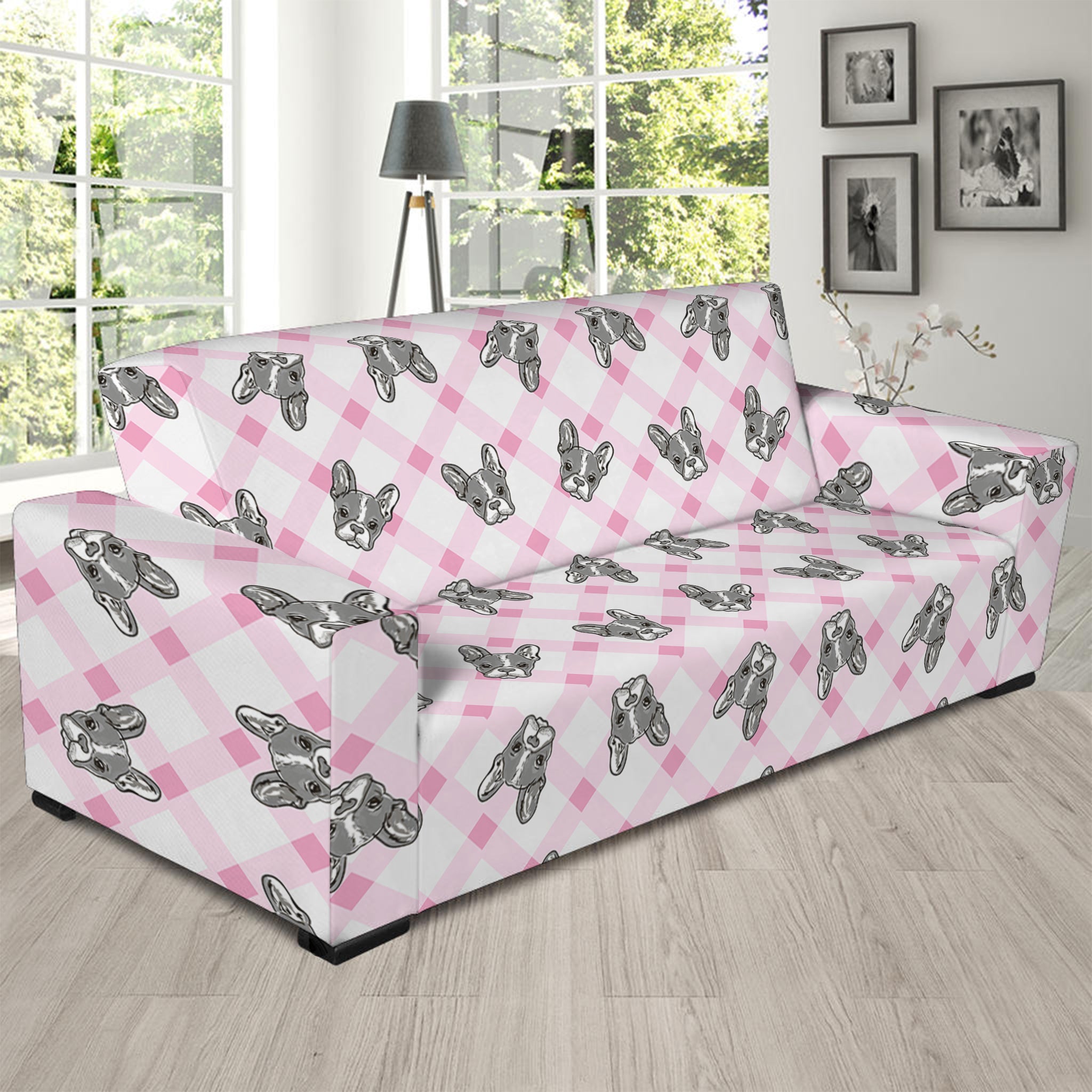 Pink Boston Terrier Plaid Print Sofa Slipcover