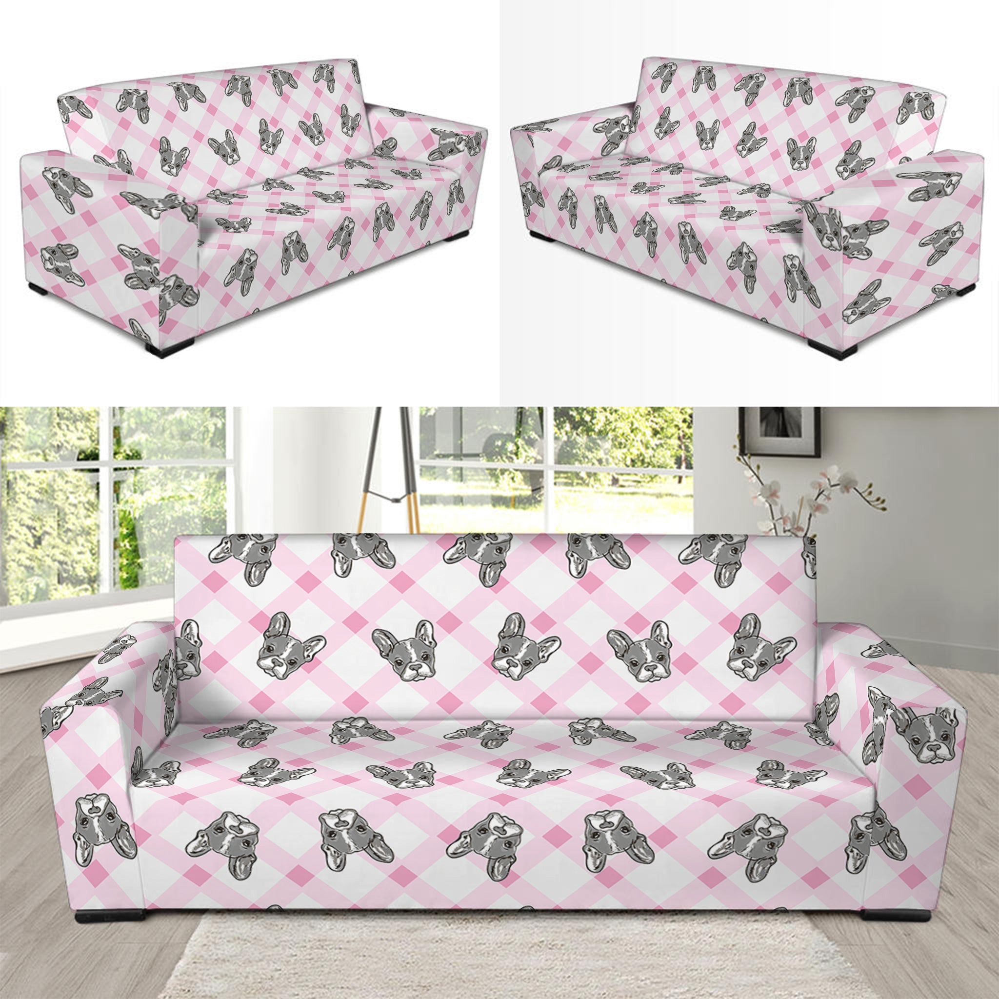 Pink Boston Terrier Plaid Print Sofa Slipcover