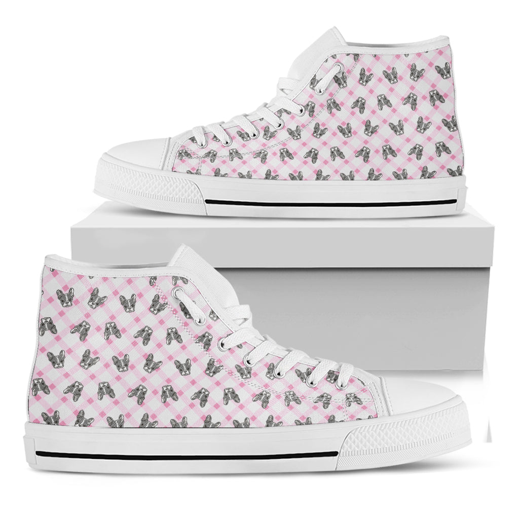 Pink Boston Terrier Plaid Print White High Top Shoes