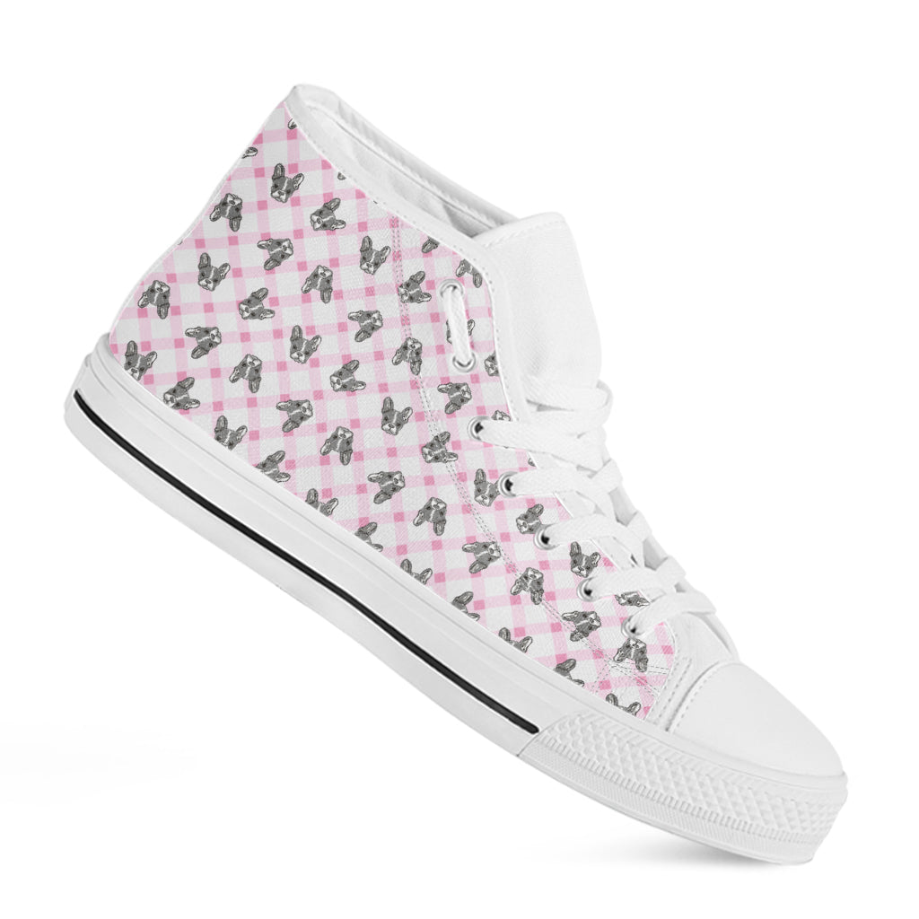 Pink Boston Terrier Plaid Print White High Top Shoes