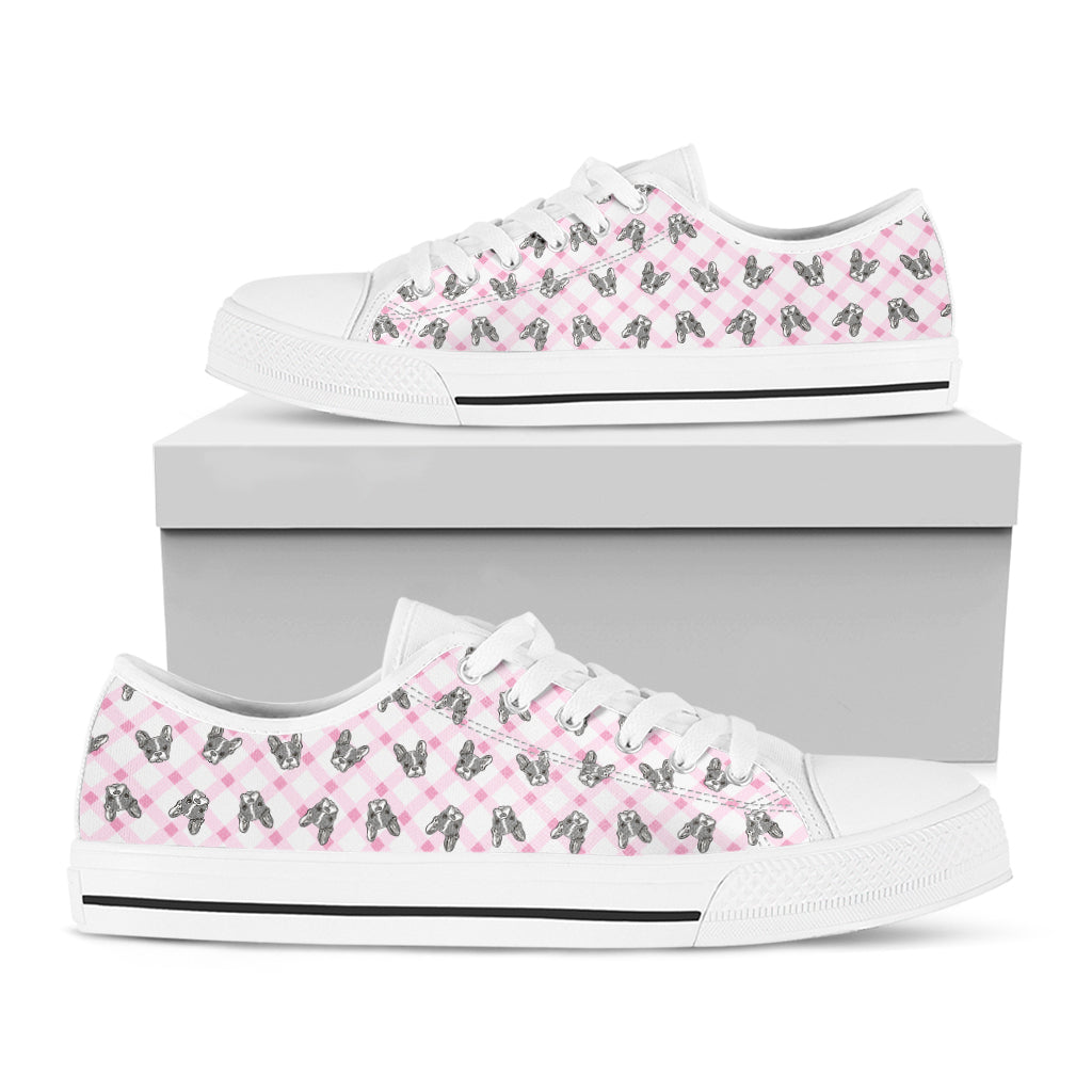 Pink Boston Terrier Plaid Print White Low Top Shoes