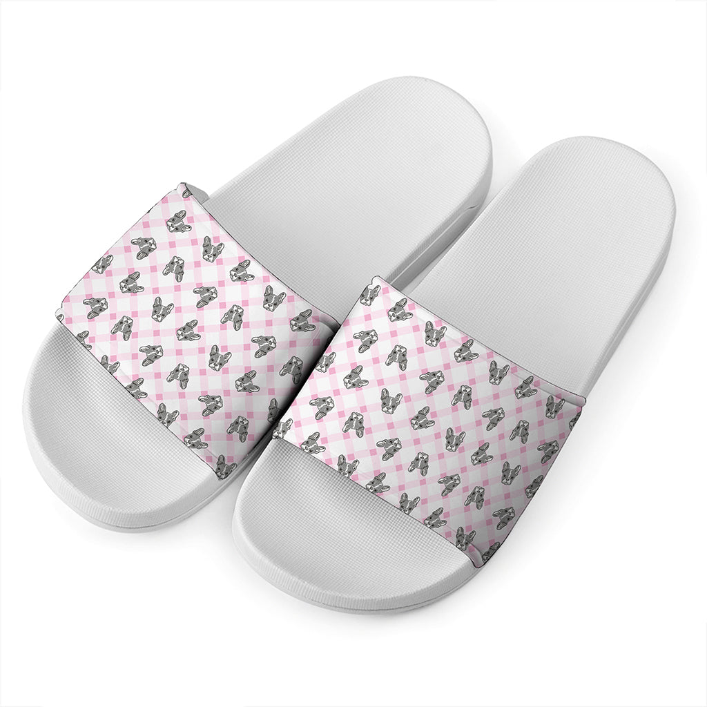 Pink Boston Terrier Plaid Print White Slide Sandals