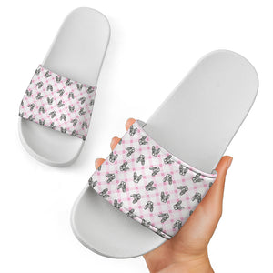 Pink Boston Terrier Plaid Print White Slide Sandals