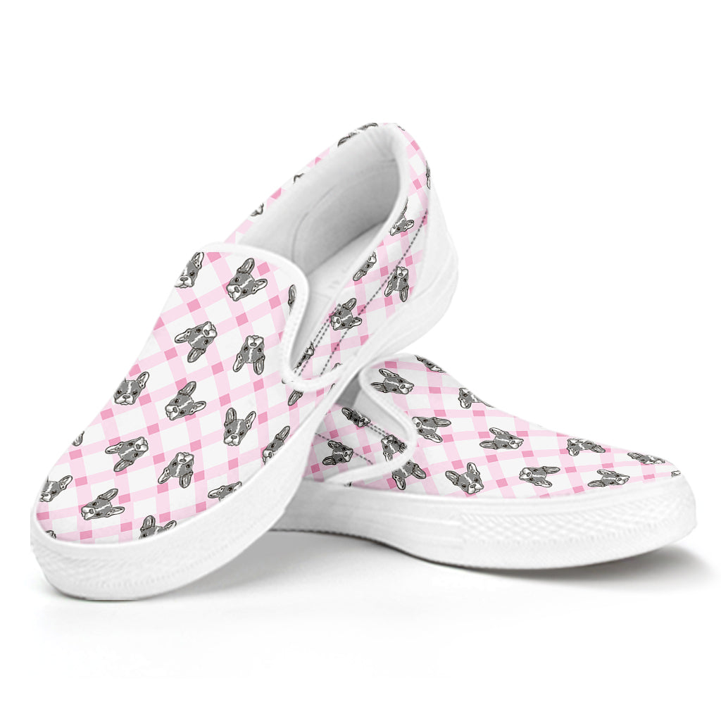 Pink Boston Terrier Plaid Print White Slip On Shoes