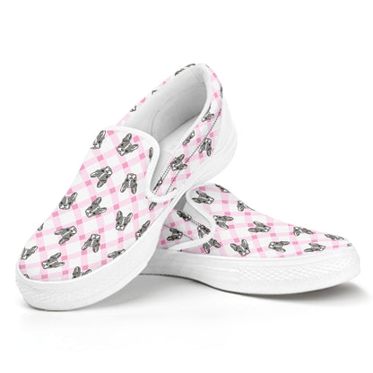 Pink Boston Terrier Plaid Print White Slip On Shoes