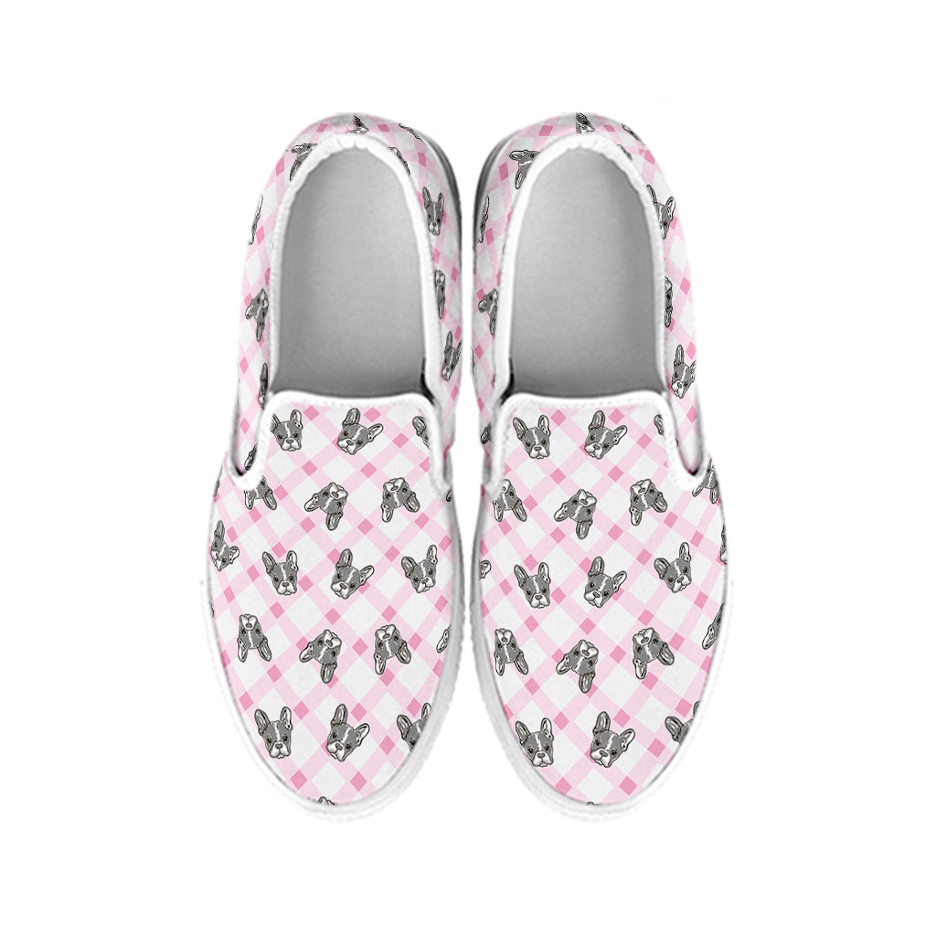 Pink Boston Terrier Plaid Print White Slip On Shoes