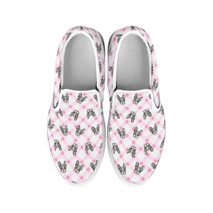 Pink Boston Terrier Plaid Print White Slip On Shoes