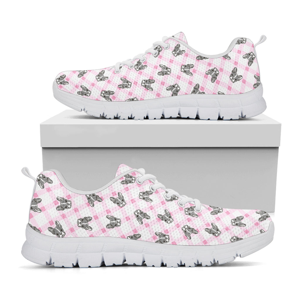 Pink Boston Terrier Plaid Print White Sneakers