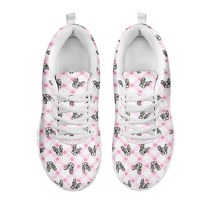 Pink Boston Terrier Plaid Print White Sneakers
