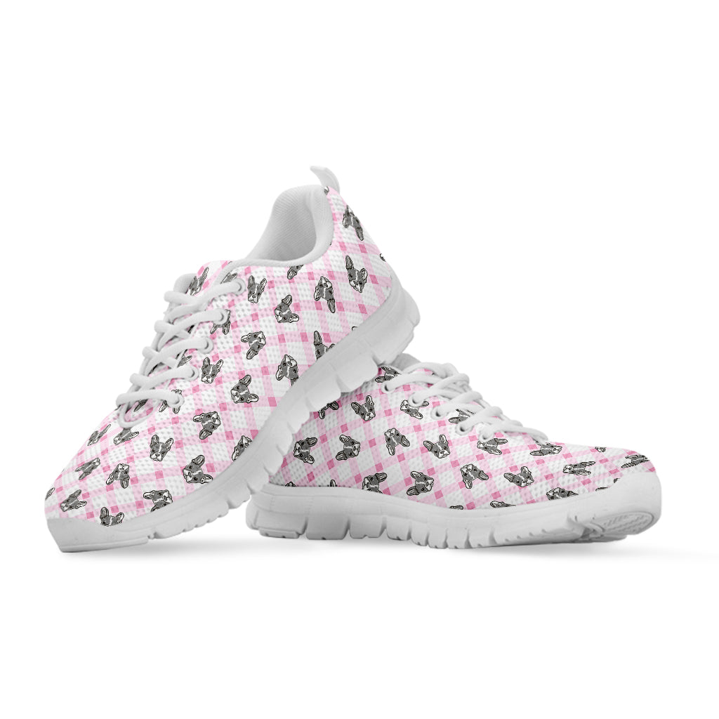 Pink Boston Terrier Plaid Print White Sneakers