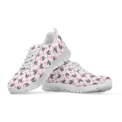 Pink Boston Terrier Plaid Print White Sneakers