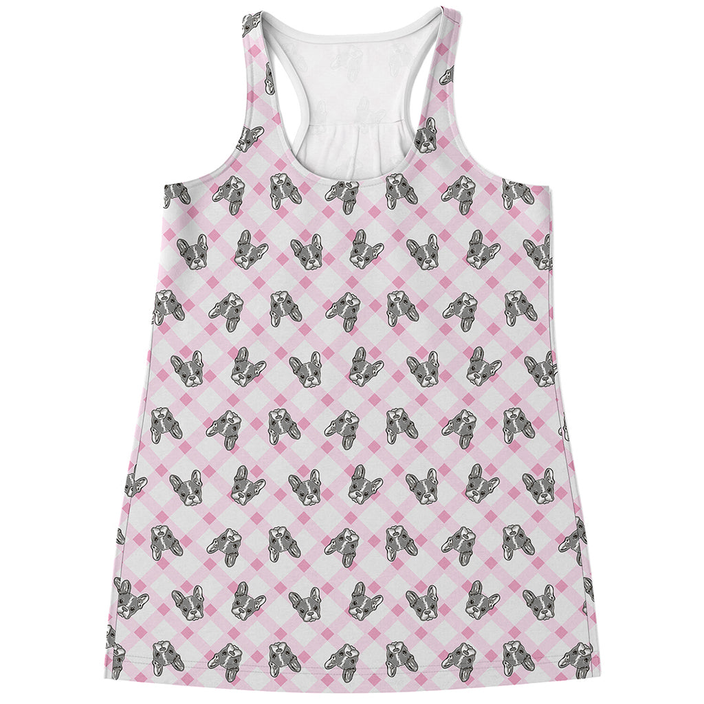 Pink Boston Terrier Plaid Print Women's Racerback Tank Top