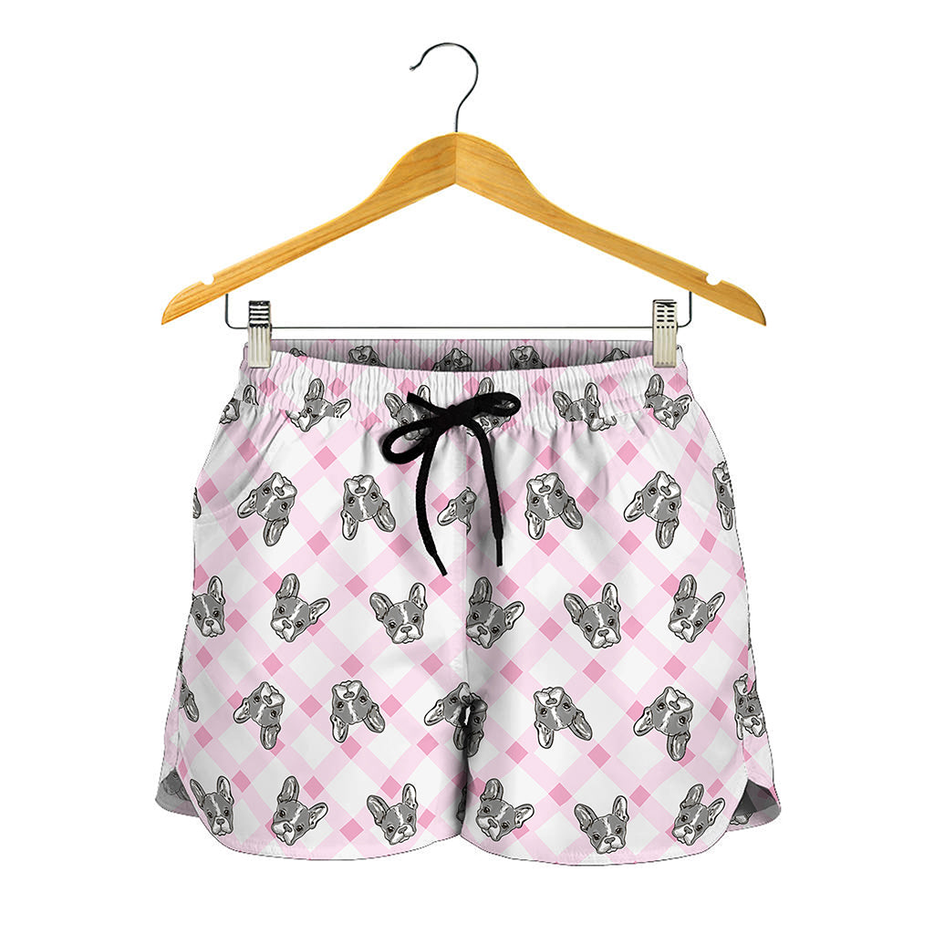 Pink Boston Terrier Plaid Print Women's Shorts