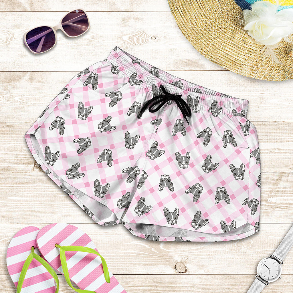 Pink Boston Terrier Plaid Print Women's Shorts