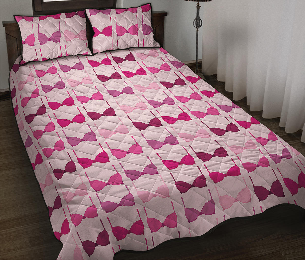 Pink Bra Breast Cancer Pattern Print Quilt Bed Set
