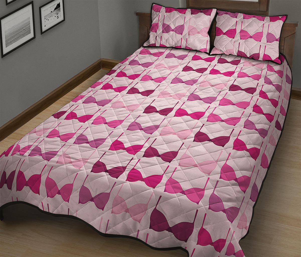 Pink Bra Breast Cancer Pattern Print Quilt Bed Set