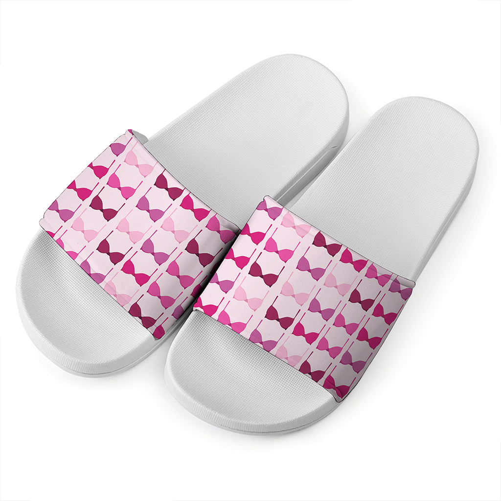 Pink Bra Breast Cancer Pattern Print White Slide Sandals