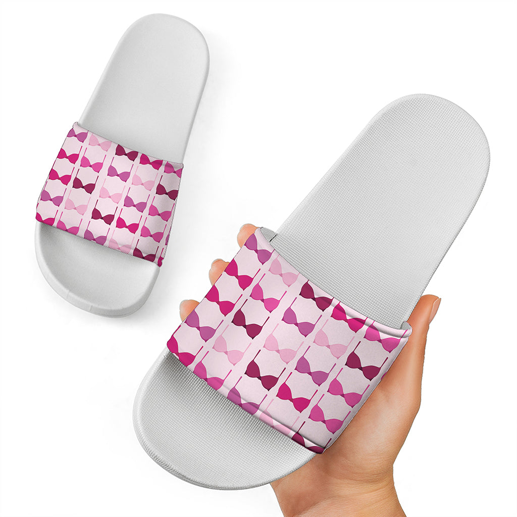 Pink Bra Breast Cancer Pattern Print White Slide Sandals