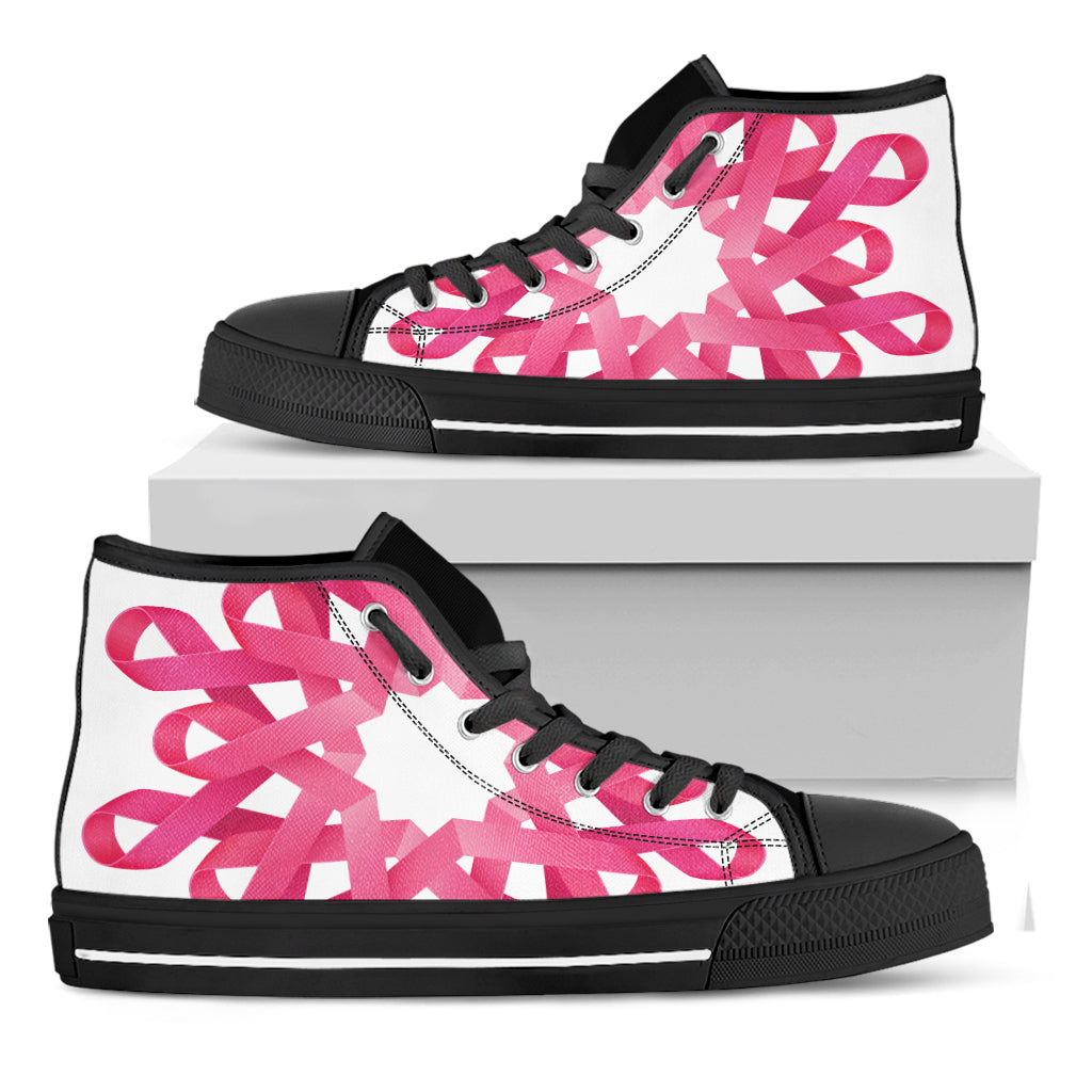 Pink Breast Cancer Ribbon Flower Print Black High Top Shoes