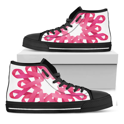 Pink Breast Cancer Ribbon Flower Print Black High Top Shoes