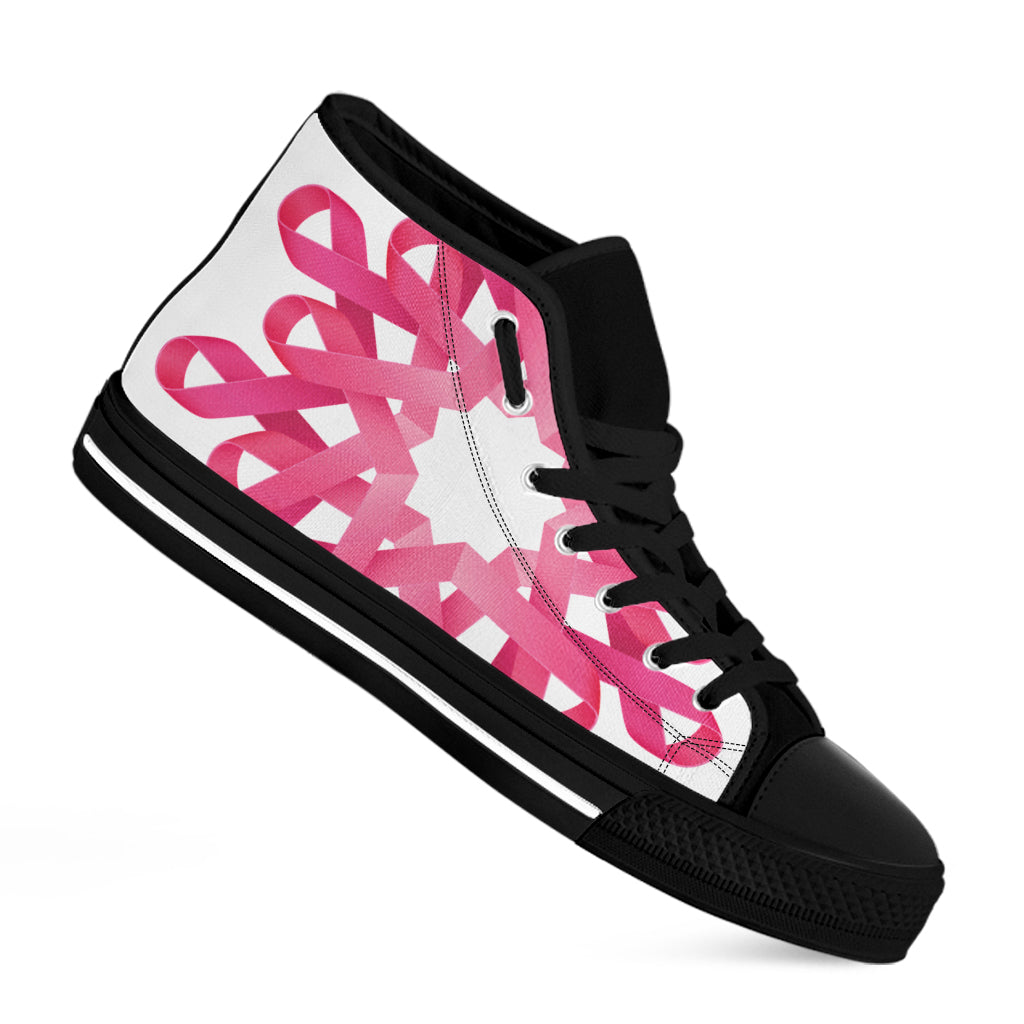 Pink Breast Cancer Ribbon Flower Print Black High Top Shoes