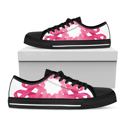 Pink Breast Cancer Ribbon Flower Print Black Low Top Shoes 