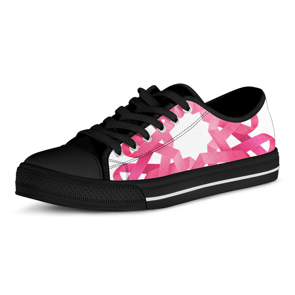 Pink Breast Cancer Ribbon Flower Print Black Low Top Shoes 