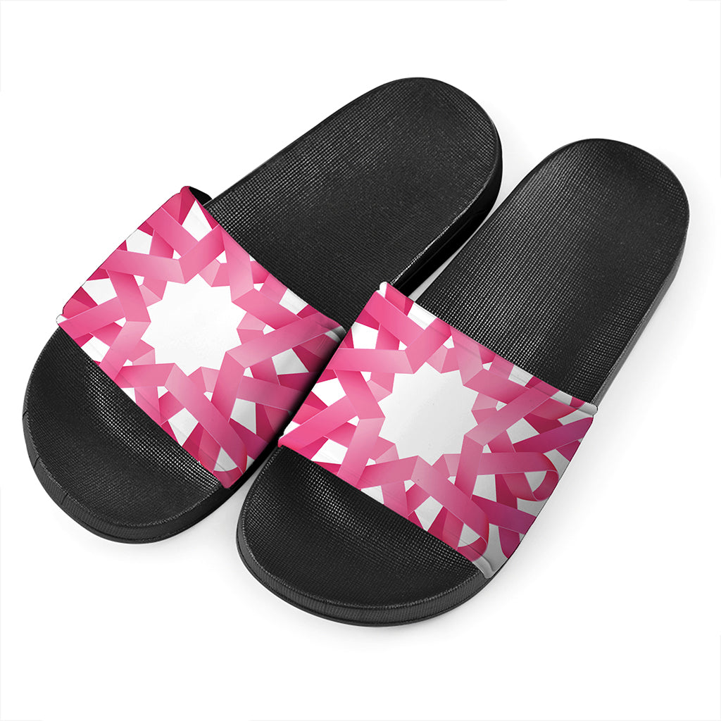 Pink Breast Cancer Ribbon Flower Print Black Slide Sandals