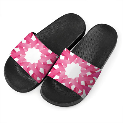 Pink Breast Cancer Ribbon Flower Print Black Slide Sandals