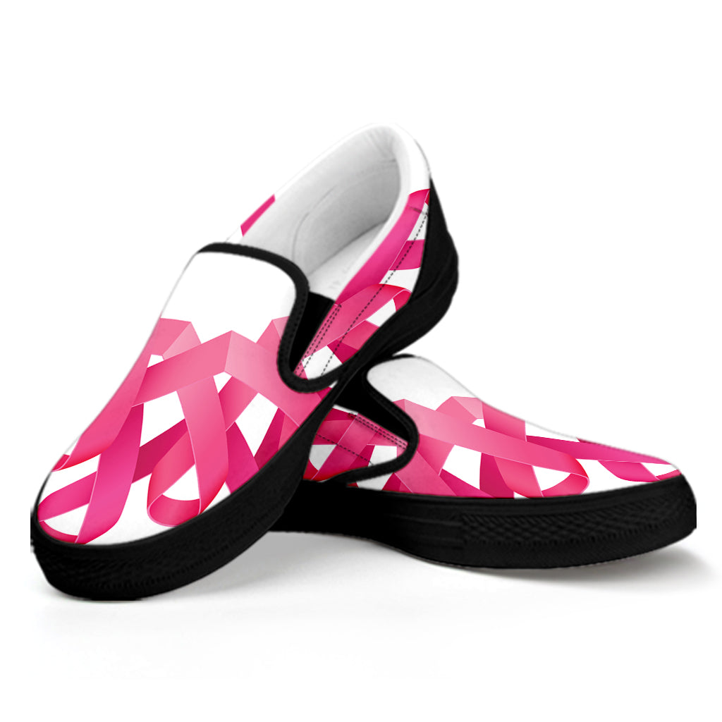 Pink Breast Cancer Ribbon Flower Print Black Slip On Shoes