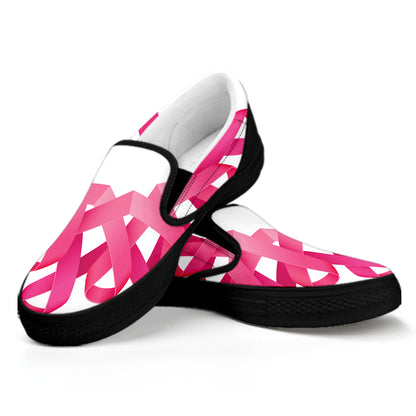 Pink Breast Cancer Ribbon Flower Print Black Slip On Shoes