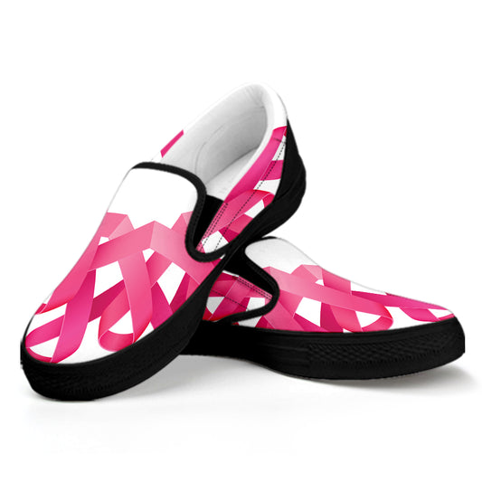 Pink Breast Cancer Ribbon Flower Print Black Slip On Shoes