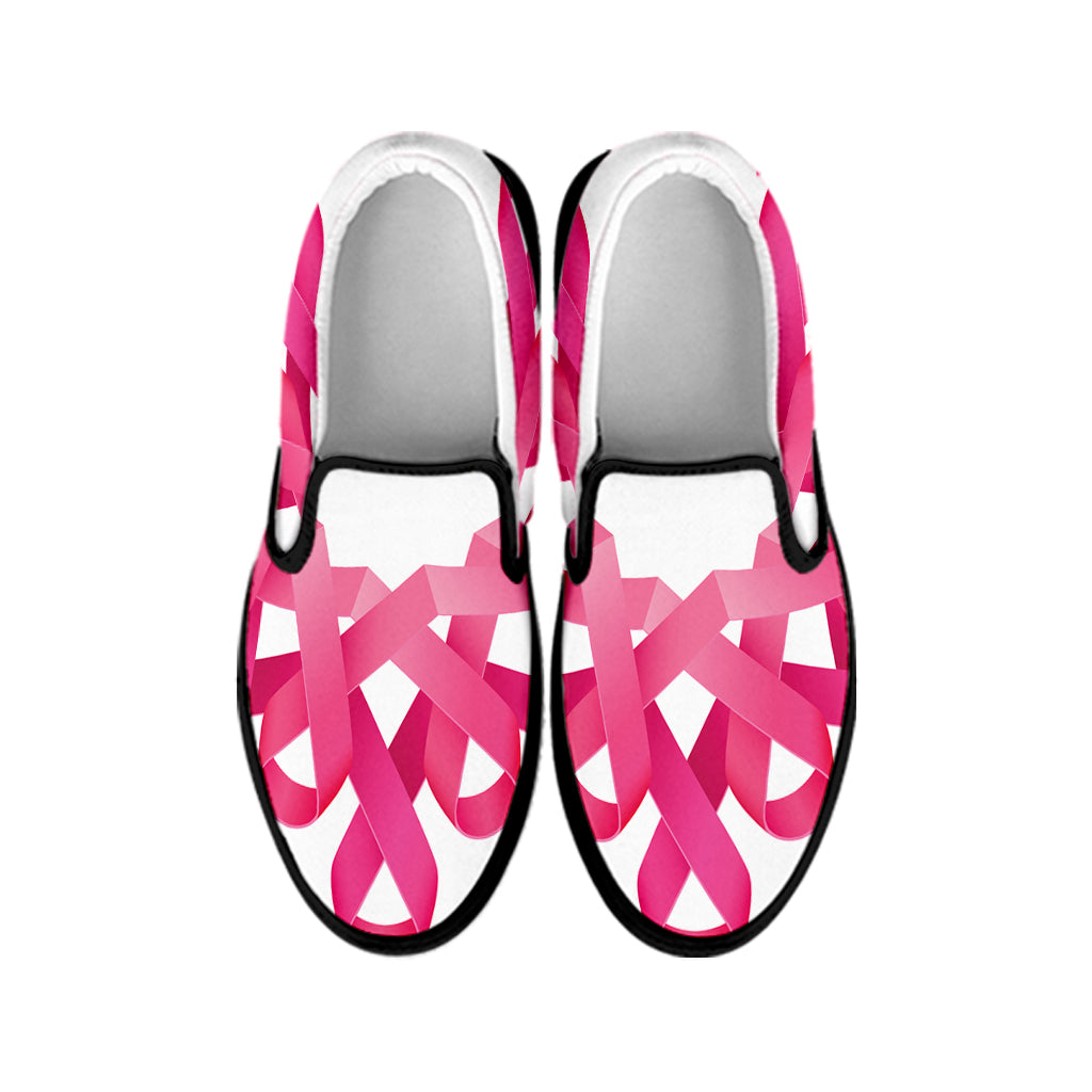 Pink Breast Cancer Ribbon Flower Print Black Slip On Shoes