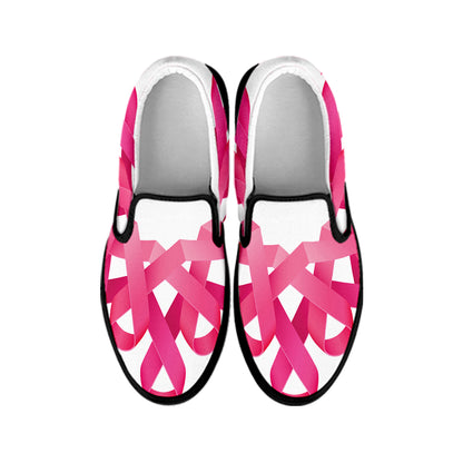 Pink Breast Cancer Ribbon Flower Print Black Slip On Shoes