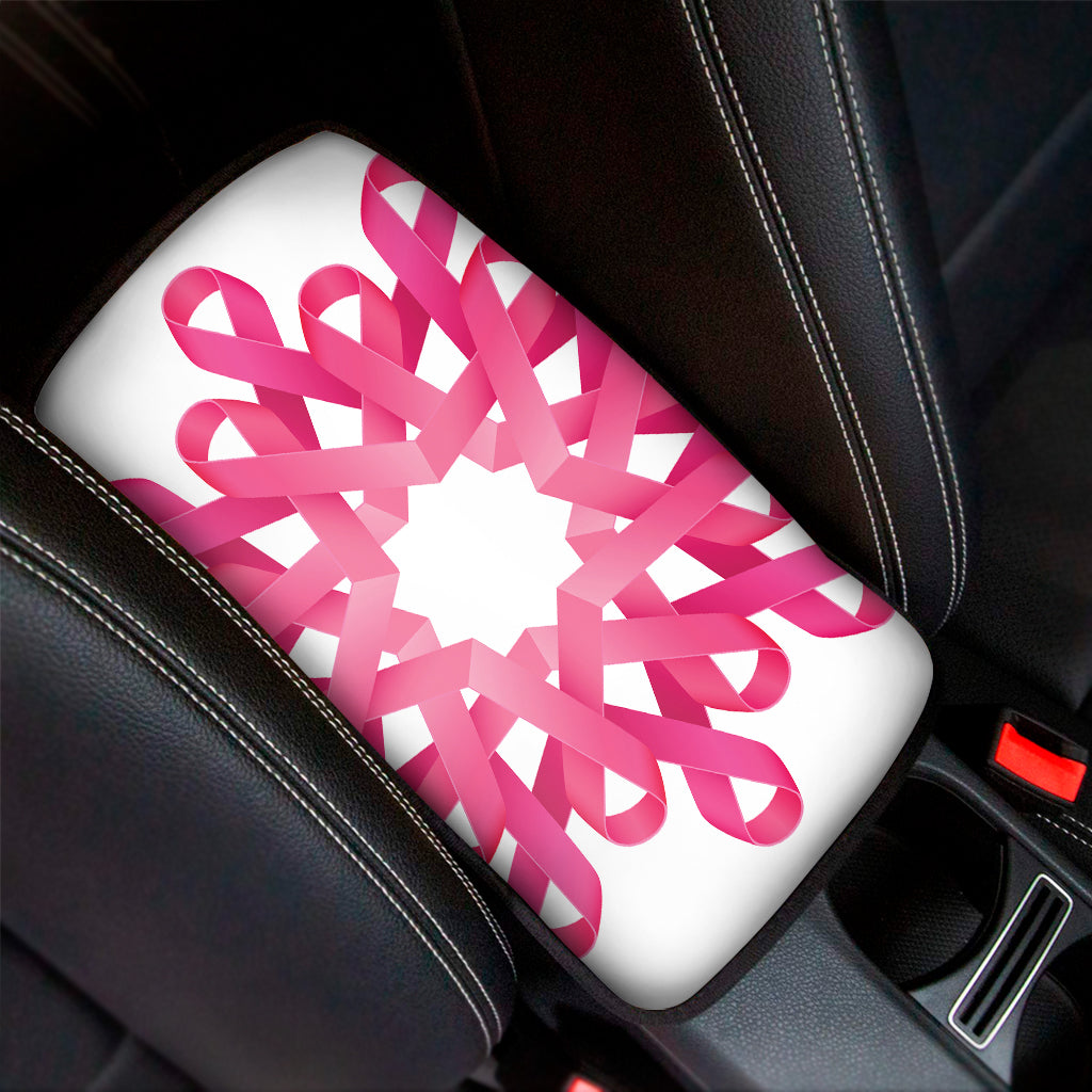 Pink Breast Cancer Ribbon Flower Print Car Center Console Cover