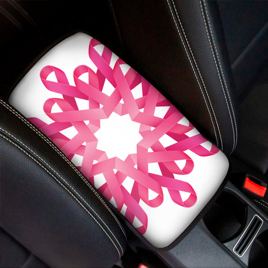 Pink Breast Cancer Ribbon Flower Print Car Center Console Cover