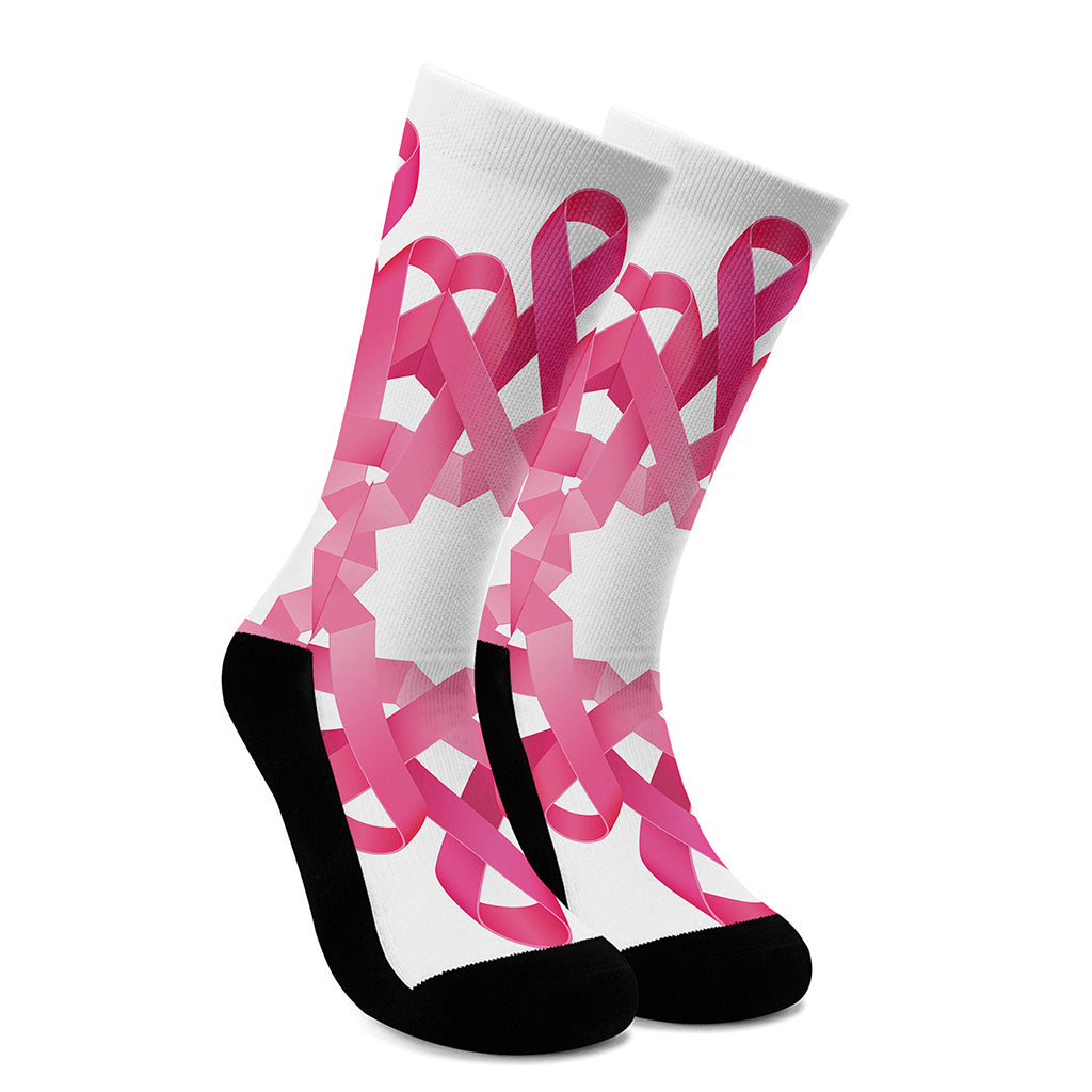 Pink Breast Cancer Ribbon Flower Print Crew Socks