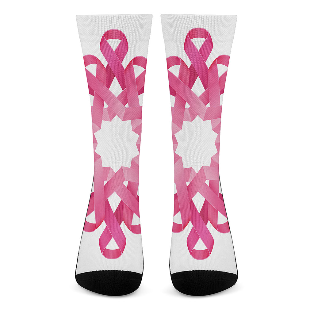 Pink Breast Cancer Ribbon Flower Print Crew Socks