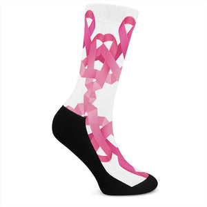 Pink Breast Cancer Ribbon Flower Print Crew Socks