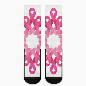 Pink Breast Cancer Ribbon Flower Print Crew Socks