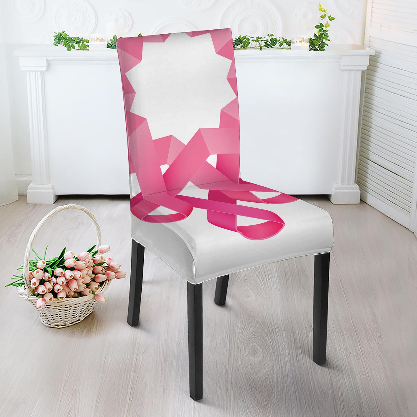 Pink Breast Cancer Ribbon Flower Print Dining Chair Slipcover