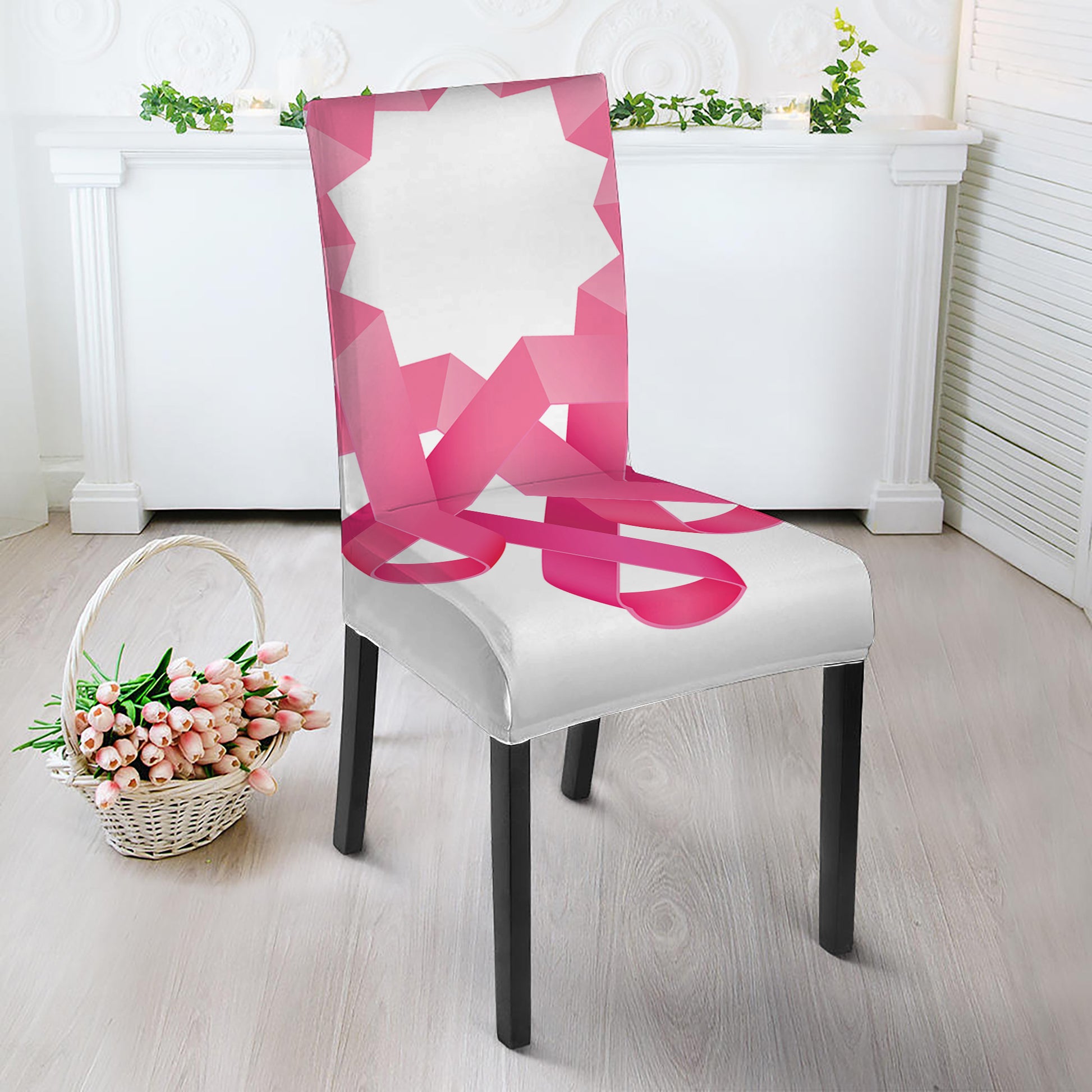 Pink Breast Cancer Ribbon Flower Print Dining Chair Slipcover