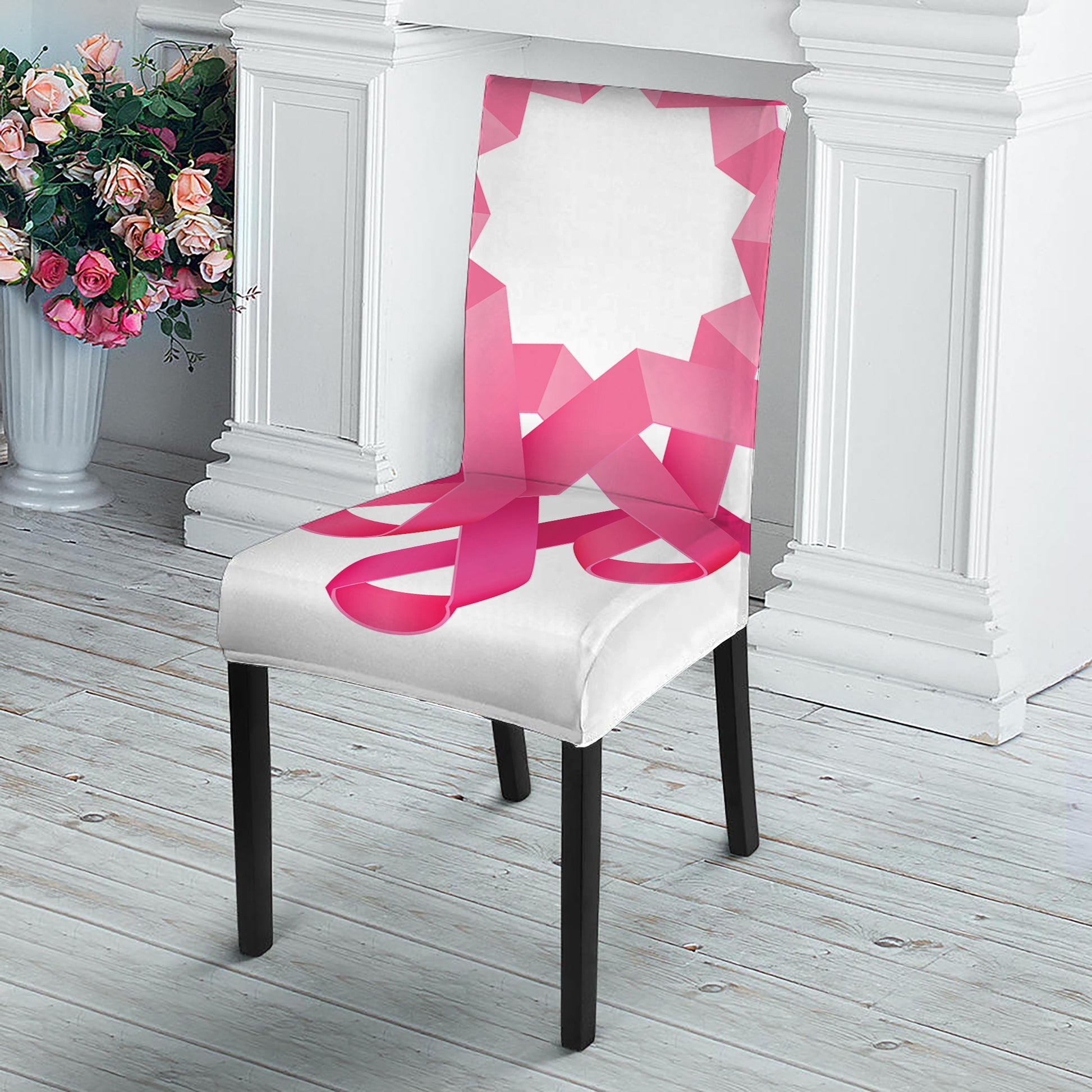 Pink Breast Cancer Ribbon Flower Print Dining Chair Slipcover
