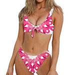 Pink Breast Cancer Ribbon Flower Print Front Bow Tie Bikini