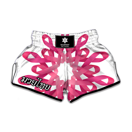 Pink Breast Cancer Ribbon Flower Print Muay Thai Boxing Shorts