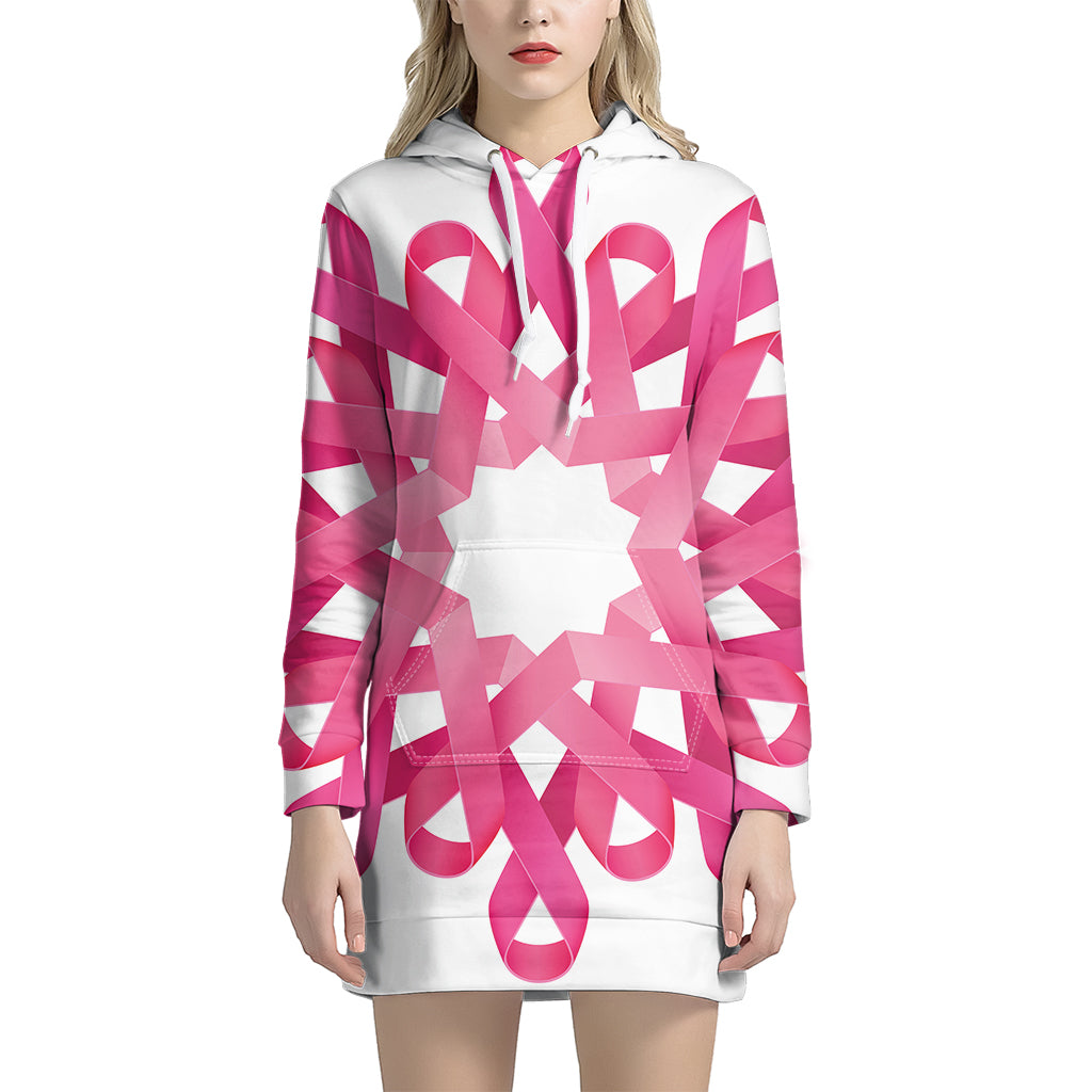 Pink Breast Cancer Ribbon Flower Print Pullover Hoodie Dress