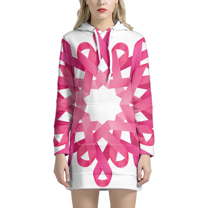 Pink Breast Cancer Ribbon Flower Print Pullover Hoodie Dress